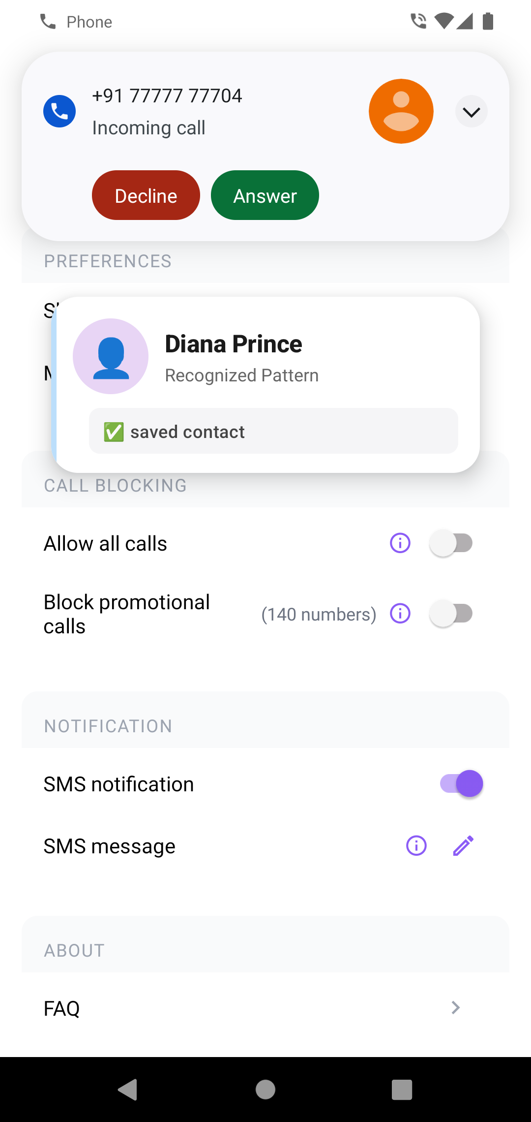 Intro on Android showing an incoming call from Diana Prince identified as a saved contact.