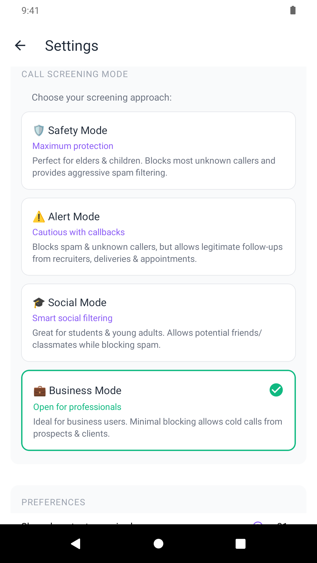Intro Settings displaying the Safety, Alert, Social and Business screening modes.
